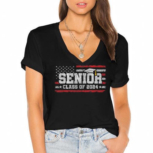 Senior Class 2024 Graduation American Flag Senior 2024 For Women Men Women's Jersey Short Sleeve Deep V-Neck Tshirt				 - Best Gift Smart