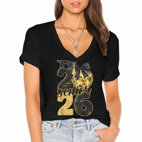Senior Class Of 2026 Senior Girl Graduation Cap Coquette Bow Women's Jersey Short Sleeve Deep V-Neck Tshirt				 - Best Gift Smart