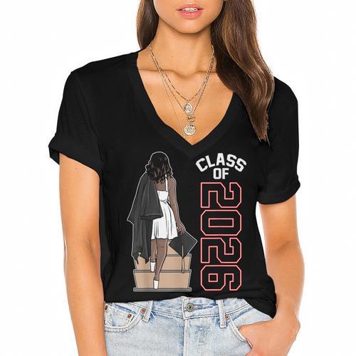 Senior Class Of 2026 Melanin Girl 2026 Graduation Women's Jersey Short Sleeve Deep V-Neck Tshirt - Best Gift Smart