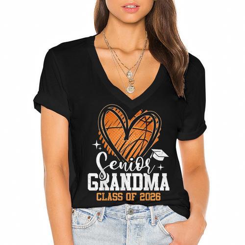 Senior Grandma Class Of 2026 Basketball Graduation Heart Women's Jersey Short Sleeve Deep V-Neck Tshirt				 - Best Gift Smart