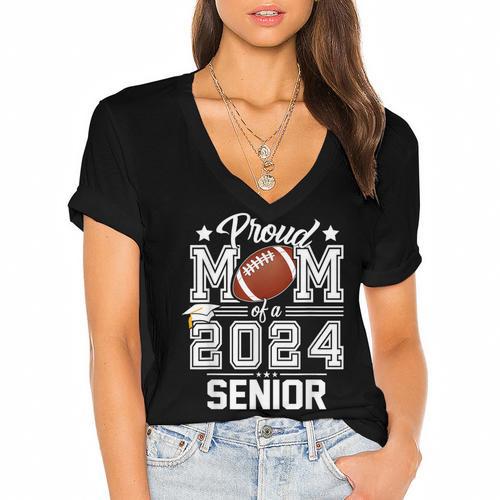 Senior Mom Class Of 2024 Football Proud Mom Graduation Women's Jersey Short Sleeve Deep V-Neck Tshirt				 - Best Gift Smart