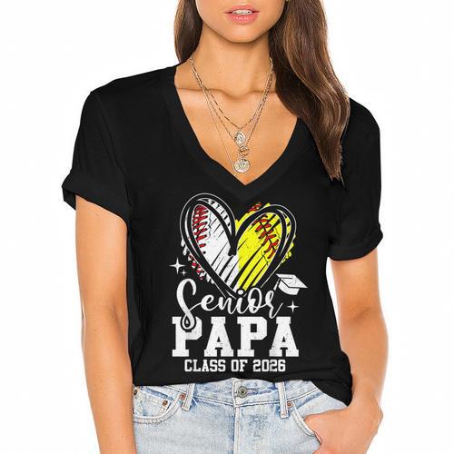 Senior Papa Class Of 2026 Baseball Softball Graduation Heart Women's Jersey Short Sleeve Deep V-Neck Tshirt				 - Best Gift Smart