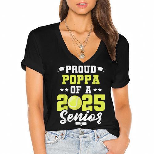 Senior Poppa 2025 Tennis Class Of 2025 Graduation Women's Jersey Short Sleeve Deep V-Neck Tshirt				 - Best Gift Smart