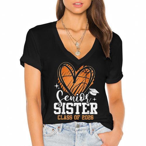 Senior Sister Class Of 2026 Basketball Graduation Heart Women's Jersey Short Sleeve Deep V-Neck Tshirt				 - Best Gift Smart