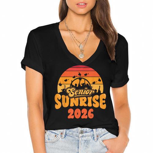 Senior Sunrise Class Of 2026 Graduation Proud Graduate Retro Women's Jersey Short Sleeve Deep V-Neck Tshirt				 - Best Gift Smart