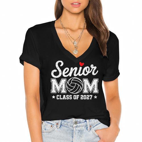 Senior Volleyball Mom Class Of 2027 Graduation Graduate Women's Jersey Short Sleeve Deep V-Neck Tshirt				 - Best Gift Smart