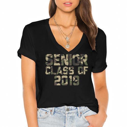 Seniors 2019 Class TShirt Camo Print T-Shirt Graduation Gift Women's Jersey Short Sleeve Deep V-Neck Tshirt				 - Best Gift Smart