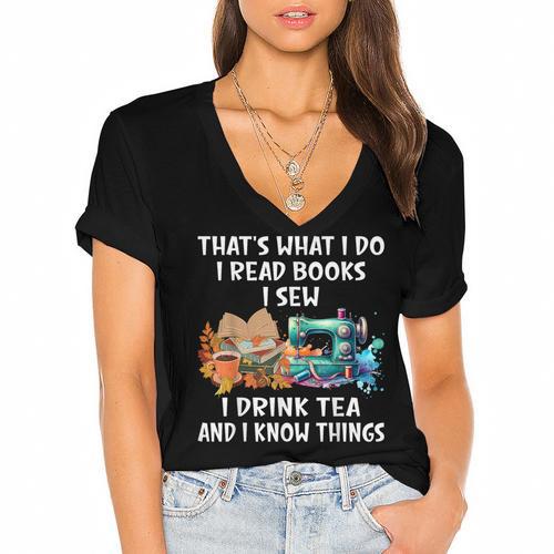Sewing Reading Books Drinking Tea Sew Sewist Women's Jersey Short Sleeve Deep V-Neck Tshirt				 - Bookorys AU