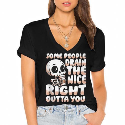 Skeleton Coffee Lover Introvert Women's Jersey Short Sleeve Deep V-Neck Tshirt - Raresse