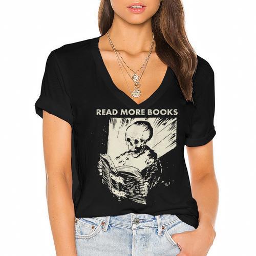 Skeleton Read More Books Women's Jersey Short Sleeve Deep V-Neck Tshirt - Bookorys AU