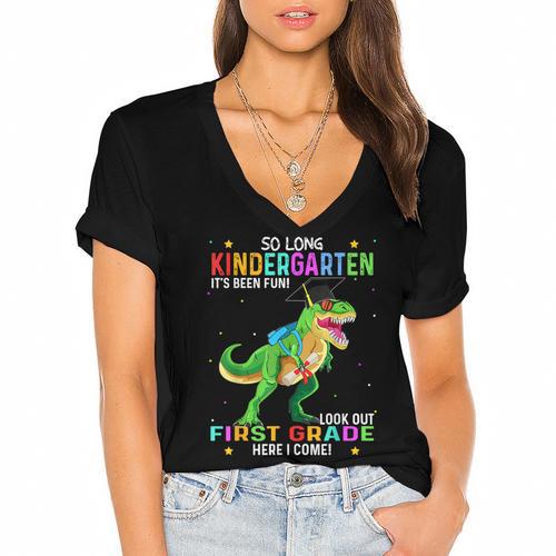 So Long Kindergarten Graduation Class 2025 Dinosaur Kids Women's Jersey Short Sleeve Deep V-Neck Tshirt				 - Best Gift Smart