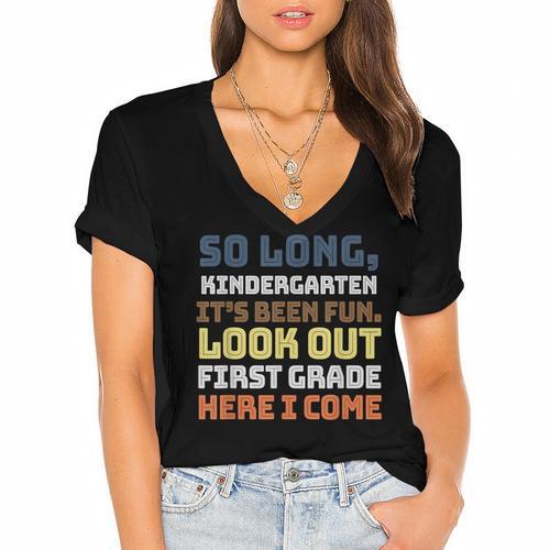 So Long Kindergarten Preschool Graduation First Grade Women's Jersey Short Sleeve Deep V-Neck Tshirt				 - Best Gift Smart