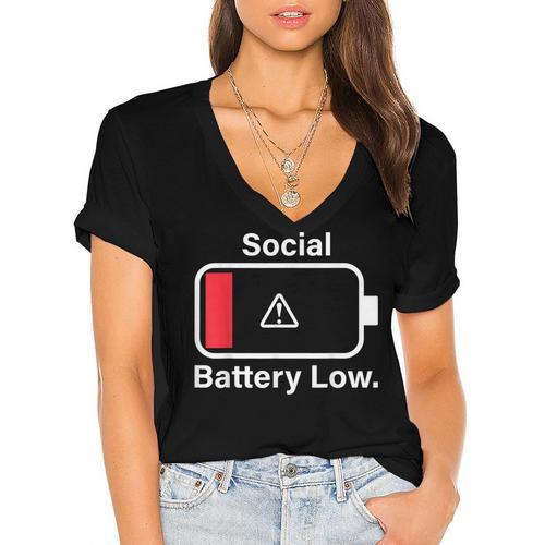 Social Battery Low Anti-Social Introvert Women's Jersey Short Sleeve Deep V-Neck Tshirt - Raresse