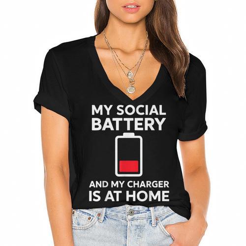 Social Battery Low Charger At Home Antisocial Introvert Women's Jersey Short Sleeve Deep V-Neck Tshirt - Raresse