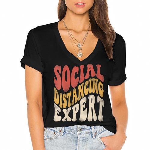 Social Distancing Expert Introvert Women's Jersey Short Sleeve Deep V-Neck Tshirt - Raresse