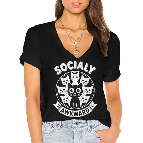 Socially Awkward Cute Introvert Cat Meme Anti-Social Club Women's Jersey Short Sleeve Deep V-Neck Tshirt				 - Raresse