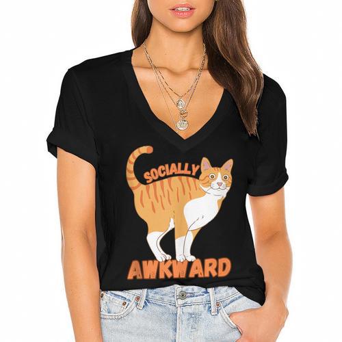 SOCIALLY AWKWARD FUNNY CAT ANTISOCIAL INTROVERT WEIRD Women's Jersey Short Sleeve Deep V-Neck Tshirt - Raresse