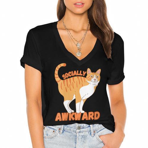 SOCIALLY AWKWARD FUNNY CAT ANTISOCIAL INTROVERT WEIRD Women's Jersey Short Sleeve Deep V-Neck Tshirt				 - Raresse