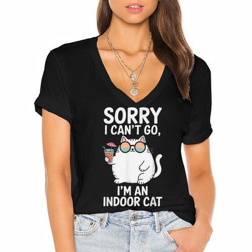 Sorry I Can’t Go I’m An Indoor Cat Introvert Cat Women's Jersey Short Sleeve Deep V-Neck Tshirt - Raresse