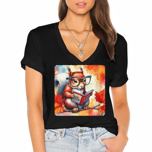 Squirrel Reading Comic Book On Autumn Branch Glasses Leaves Women's Jersey Short Sleeve Deep V-Neck Tshirt				 - Bookorys AU