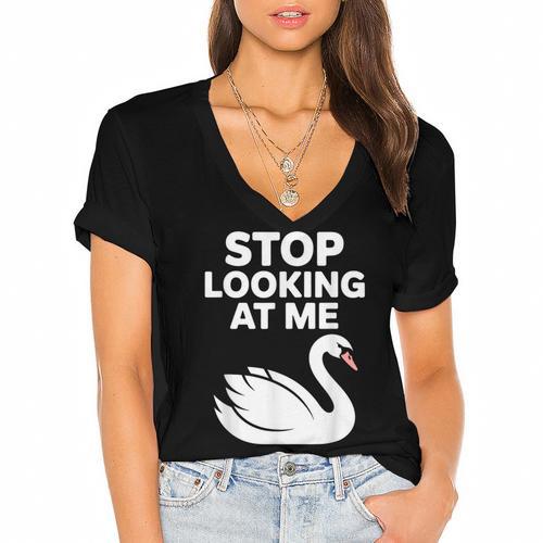 Stop Looking At Me Swan Introvert Humor Women's Jersey Short Sleeve Deep V-Neck Tshirt - Raresse