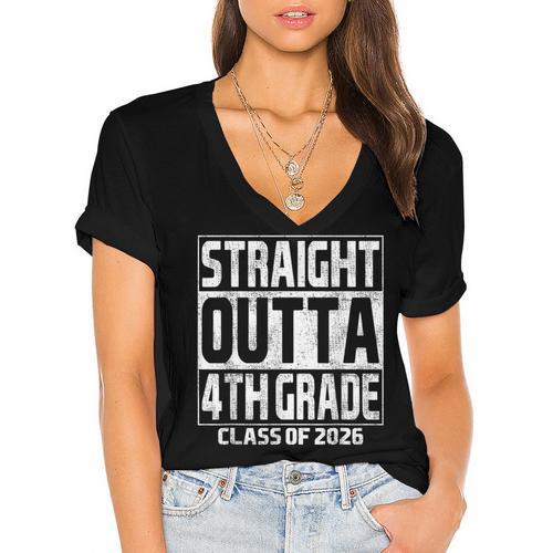 Straight Outta 4th Grade Graduation Class 2026 Fourth Grade Women's Jersey Short Sleeve Deep V-Neck Tshirt				 - Best Gift Smart