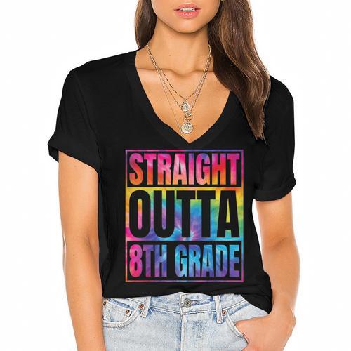 Straight Outta 8th Grade Great Graduation Eighth Grade Women's Jersey Short Sleeve Deep V-Neck Tshirt				 - Best Gift Smart