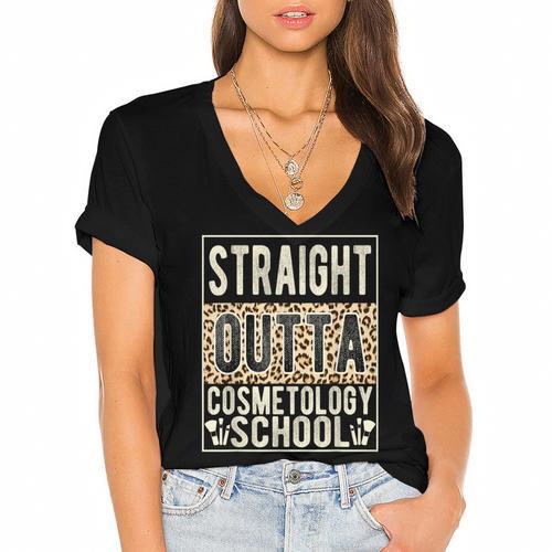 Straight Outta Cosmetology School Leopard Graduation Women's Jersey Short Sleeve Deep V-Neck Tshirt - Best Gift Smart
