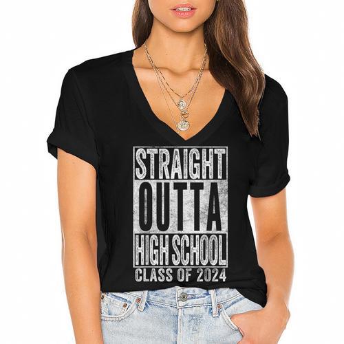 STRAIGHT OUTTA HIGH SCHOOL Graduation Class Of 2024 Senior Women's Jersey Short Sleeve Deep V-Neck Tshirt				 - Best Gift Smart