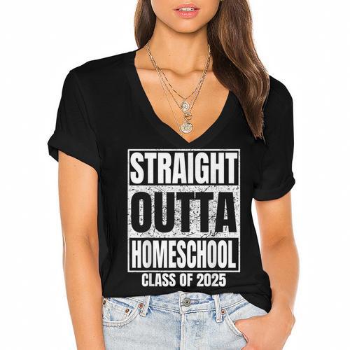 Straight Outta Homeschool Class 2025 Boys Kids Graduation Women's Jersey Short Sleeve Deep V-Neck Tshirt				 - Best Gift Smart
