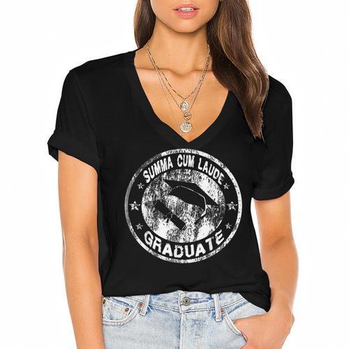 Summa Cum Laude Graduate Graduation T Shirt Men Women Women's Jersey Short Sleeve Deep V-Neck Tshirt				 - Best Gift Smart