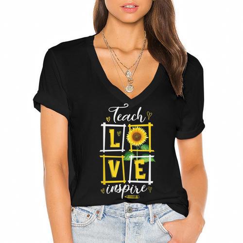Sunflower Teach Love Inspire Cool Graduation Teacher School Women's Jersey Short Sleeve Deep V-Neck Tshirt				 - Best Gift Smart