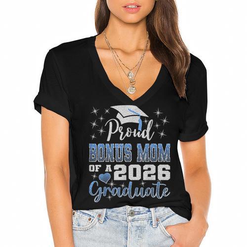 Super Proud Bonus Mom Of 2026 Graduate Graduation Family Women's Jersey Short Sleeve Deep V-Neck Tshirt				 - Best Gift Smart