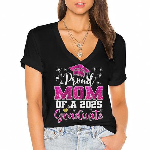Super Proud Mom Of 2025 Graduate Senior Graduation Family Women's Jersey Short Sleeve Deep V-Neck Tshirt				 - Best Gift Smart