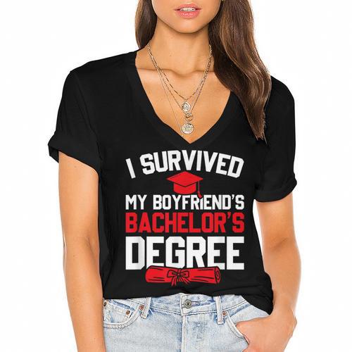 I Survived My Boyfriend's Bachelor's Degree Graduation Women's Jersey Short Sleeve Deep V-Neck Tshirt				 - Best Gift Smart