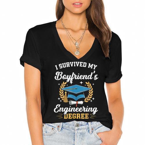 I Survived My Boyfriend's Engineering Degree Graduation Women's Jersey Short Sleeve Deep V-Neck Tshirt				 - Best Gift Smart