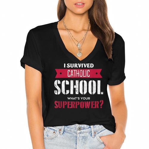 I Survived Catholic School Shirt Catholic Graduation Women's Jersey Short Sleeve Deep V-Neck Tshirt - Best Gift Smart