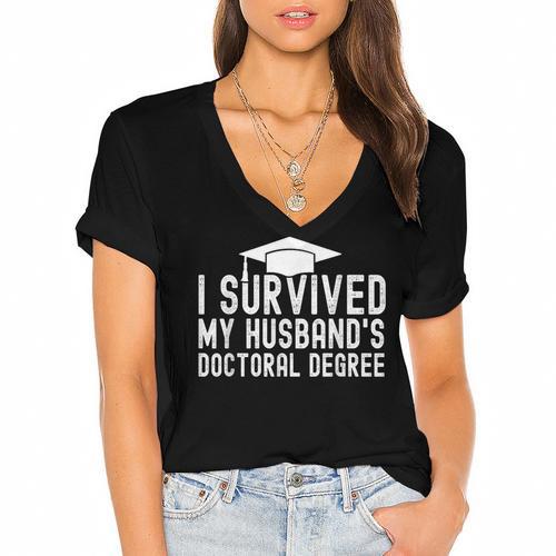 I Survived My Husband's Doctoral Degree Graduation Husband Women's Jersey Short Sleeve Deep V-Neck Tshirt				 - Best Gift Smart