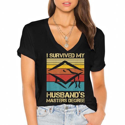 I Survived My Husband's Master's Degree Graduation Women's Jersey Short Sleeve Deep V-Neck Tshirt - Best Gift Smart