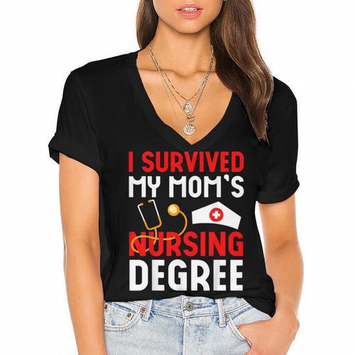 I Survived My Mom's Nursing Degree Graduation Day 2026 Women's Jersey Short Sleeve Deep V-Neck Tshirt - Best Gift Smart