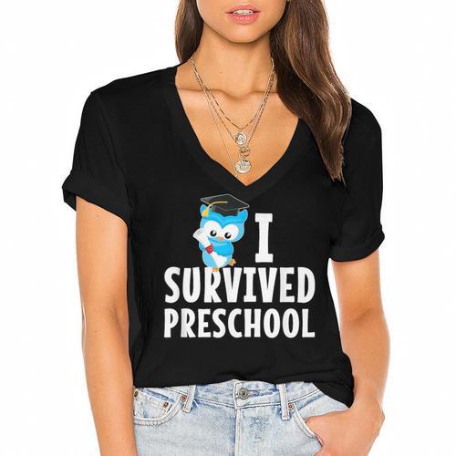 I Survived PreSchool Graduation Kids Owl Grad Shirt Women's Jersey Short Sleeve Deep V-Neck Tshirt				 - Best Gift Smart