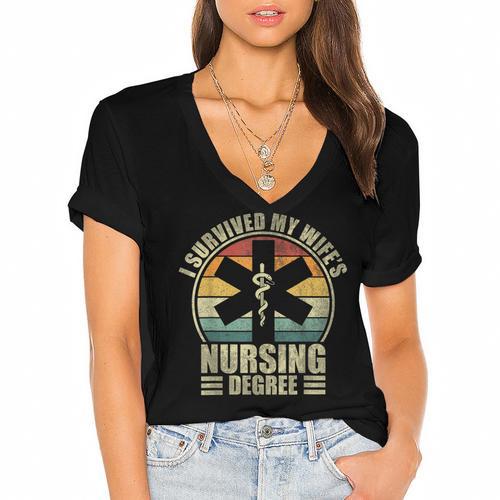 I Survived My Wife's Nursing Degree Nursing Graduation Women's Jersey Short Sleeve Deep V-Neck Tshirt				 - Best Gift Smart