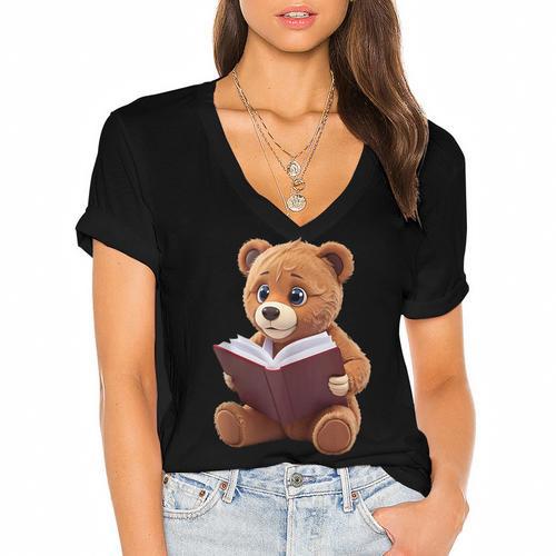 Teddy Bear Reading a Book Women's Jersey Short Sleeve Deep V-Neck Tshirt				 - Bookorys CA