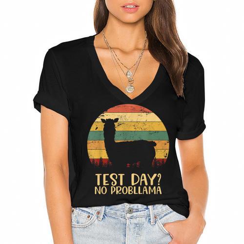 Test Day No Probllama Silhouette Teacher Student Graduation Women's Jersey Short Sleeve Deep V-Neck Tshirt				 - Best Gift Smart