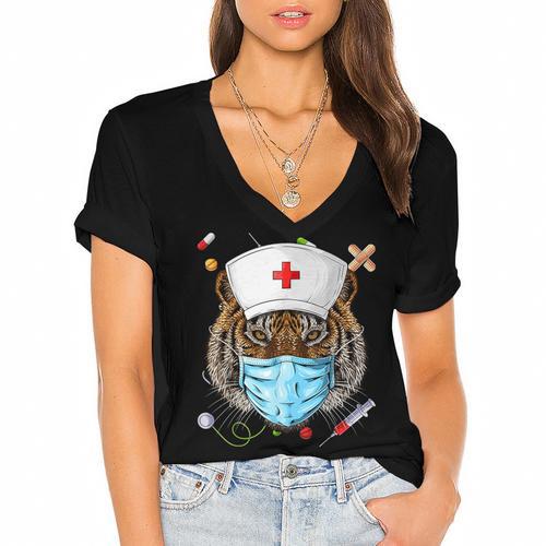 Tiger Nurse RN ER Nursing School Graduation Women's Jersey Short Sleeve Deep V-Neck Tshirt				 - Best Gift Smart