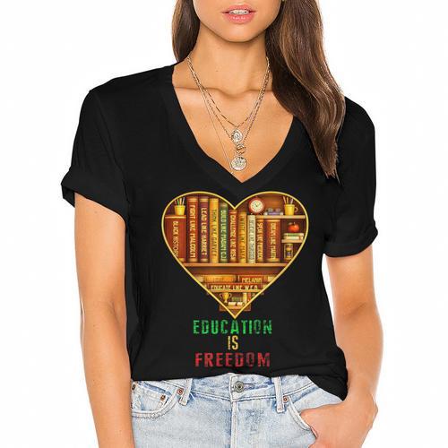 History Education Is Freedom Books Black History Heart Women's Jersey Short Sleeve Deep V-Neck Tshirt - Bookorys