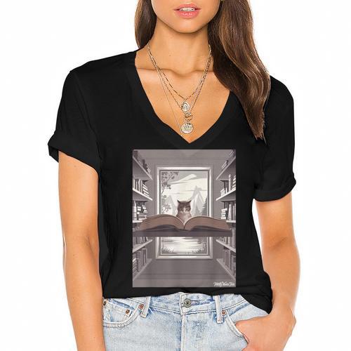 Totally Weird Tees Cat Library Book Reading Literary Women's Jersey Short Sleeve Deep V-Neck Tshirt				 - Bookorys DE