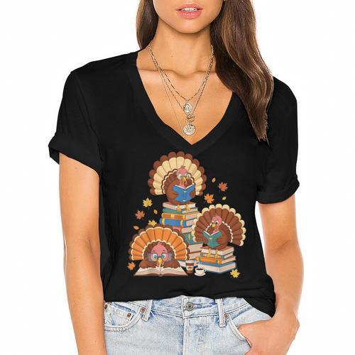 Turkey Read Books Reading Fall Thanksgiving Teacher Women's Jersey Short Sleeve Deep V-Neck Tshirt - Bookorys CA