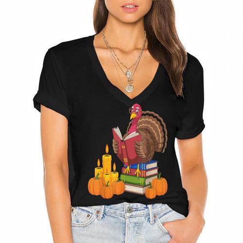 Turkey Reading Books Fall Thanksgiving Teacher Book Women's Jersey Short Sleeve Deep V-Neck Tshirt - Bookorys CA