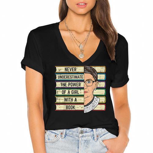 Never Underestimate Girl Read Book Reading Librarian Women Women's Jersey Short Sleeve Deep V-Neck Tshirt - Bookorys DE